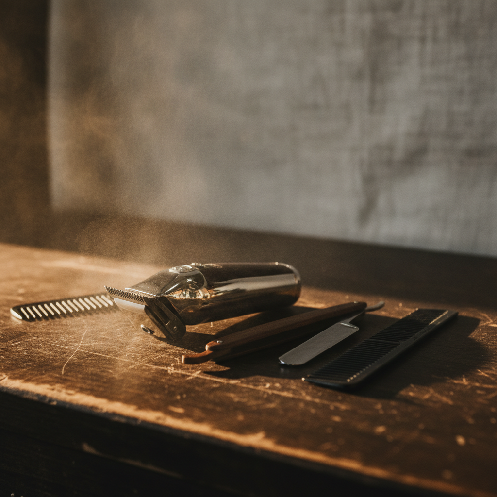 Professional barber's tools resting on a vintage barber station, partially obscured by a gentle wisp of steam or fine hairspray mist, creating an atmospheric, slightly moody scene, with warm, low-key 