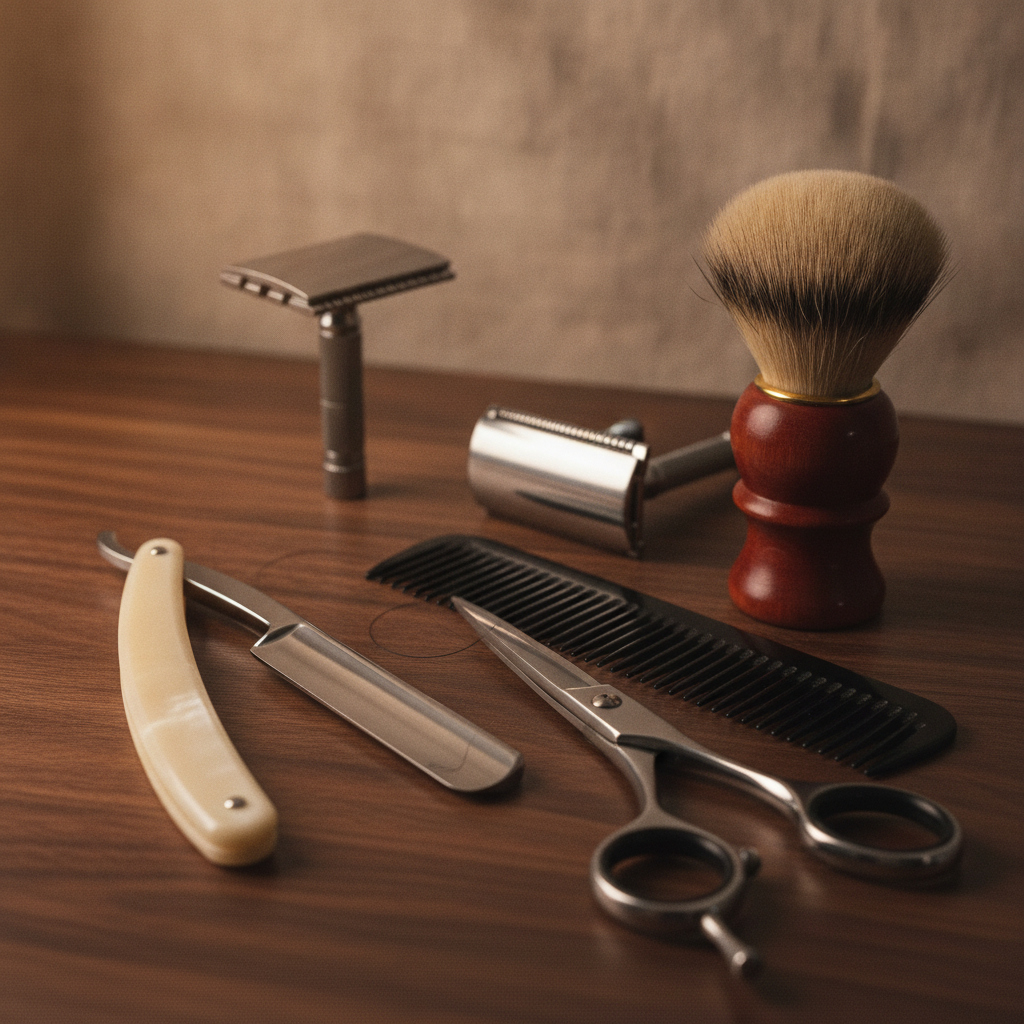 A sophisticated arrangement of professional barber's tools, meticulously composed on a polished dark wood surface, showcasing their elegant design and high-quality materials, illuminated by soft, dire