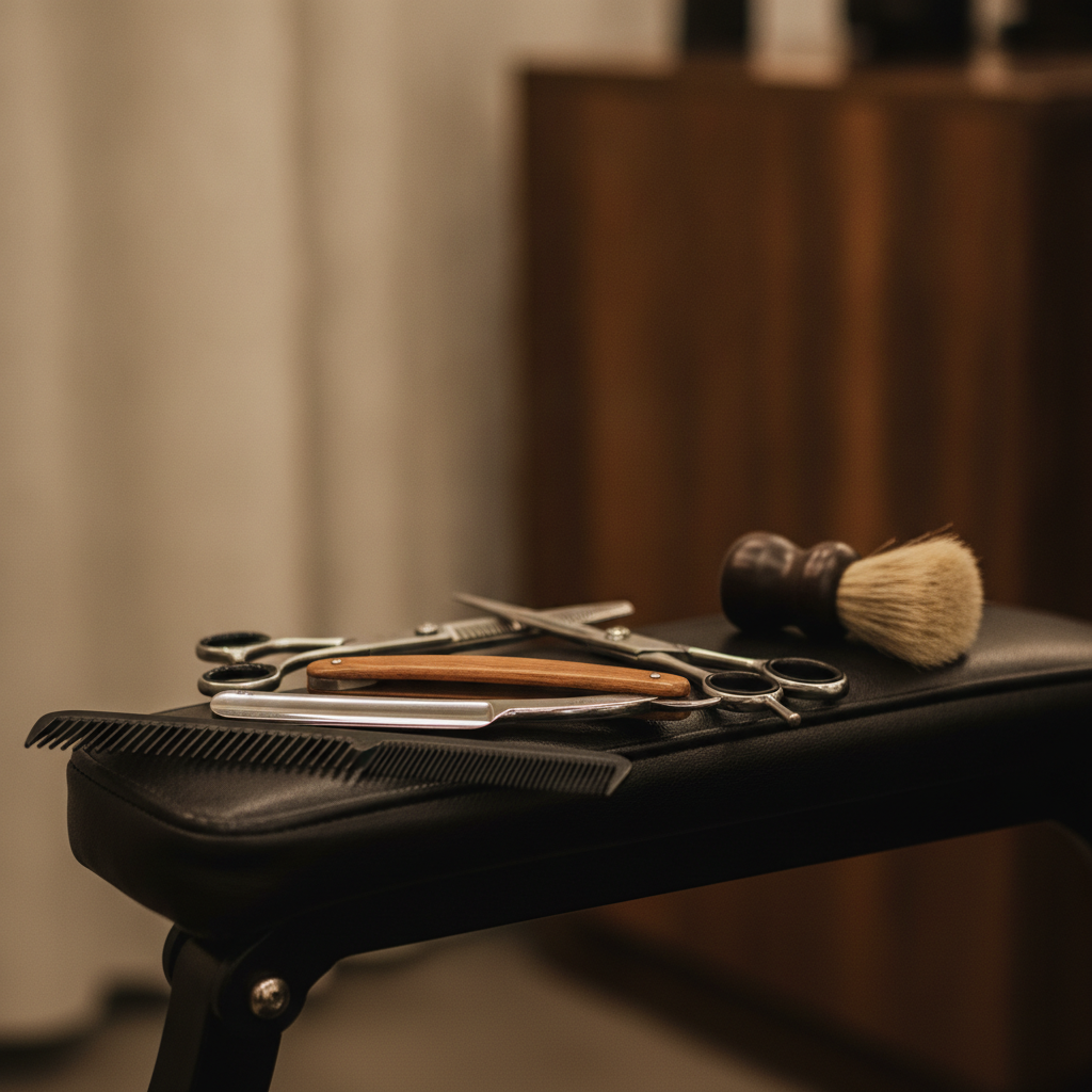 A close-up shot of professional barber's tools neatly laid out on a clean, dark leather barber chair armrest, with a subtle out-of-focus background hinting at a stylish barber shop interior, lit by wa
