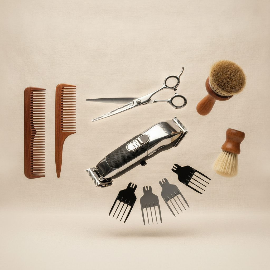 A perfectly clean set of professional barber's tools, including scissors, clippers, combs, and brushes, precisely arranged in an exploded view, with each component floating separated from the others, 