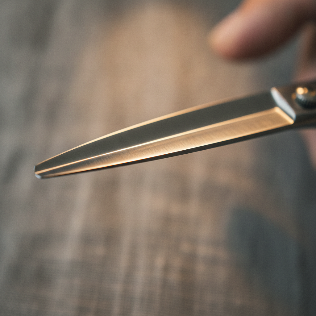 An extreme macro shot detailing the sharp, polished edge of a professional barber's shear blade, showing the intricate craftsmanship and reflective surface, with an ultra-shallow depth of field, under